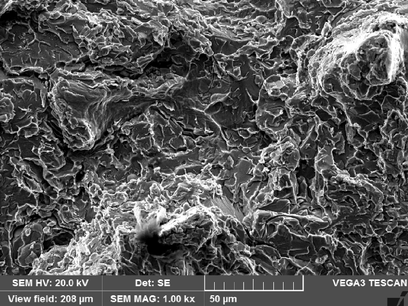 Fractographic aspect of the valve body fracture surface after opening the crack.  The fracture micromechanism is brittle, by cleavage, with several secondary microcracks associated to the sigma phase.