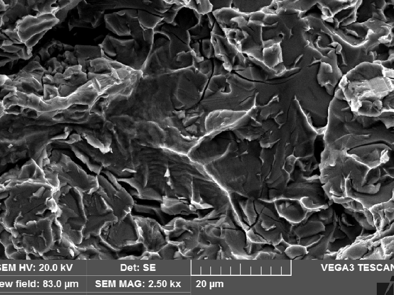 Fractographic detail of the valve body fracture surface after opening the crack. The fracture micromechanism is brittle, by cleavage, with several secondary microcracks associated to the sigma phase.