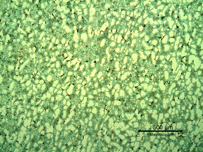 Microstructural analysis of the valve body structure, far from the position where the cracking has occurred, in the bottom of the body. The structure is ferritic austenitic, with some sigma phase, not in a large amount, indicating the valve structure was not uniform.