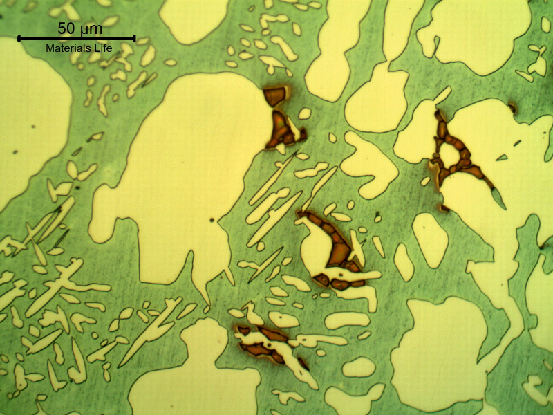 Micrographic detail of the valve body structure, far from the position where the cracking has occurred, in the bottom of the body.  The structure is ferritic austenitic, with some sigma phase, not in a large amount, indicating the valve structure was not uniform.