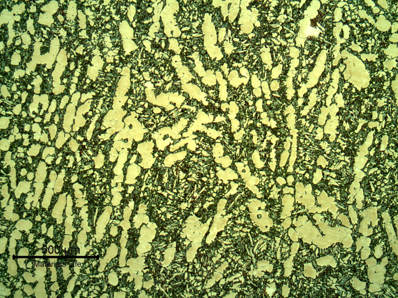 Microstructural analysis of the valve body structure, close to the position where the cracking has occurred.  The structure is ferritic austenitic, with a large amount of detrimental phases associated to the ferritic structure, probably sigma phase.
