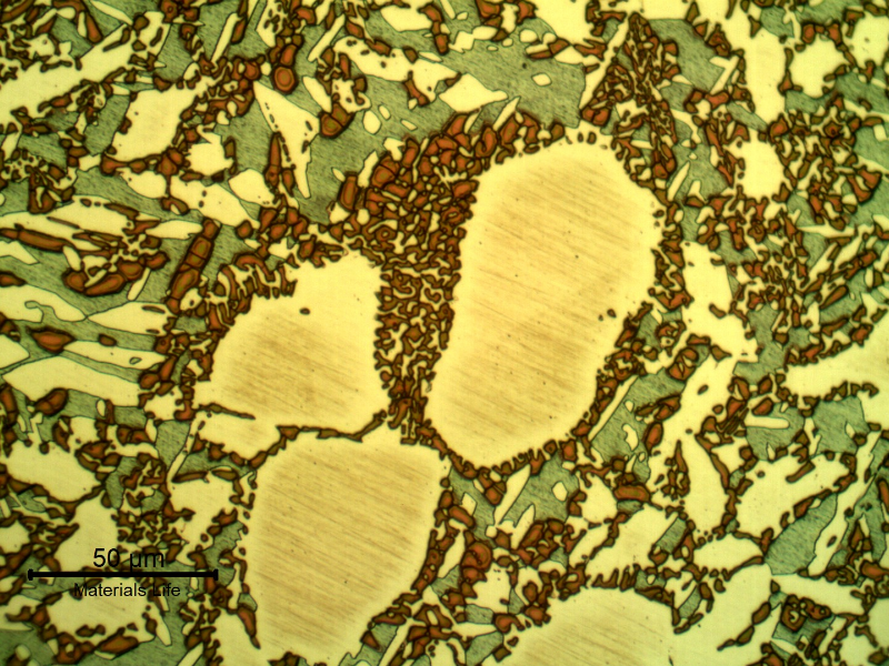 Metallographic detail of the large amount of sigma phase, associated to the ferritic structure.