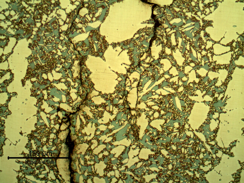 Micrographic details of the cracking. It is brittle, transgranular and associated to the ferritic/sigma phase interfaces.