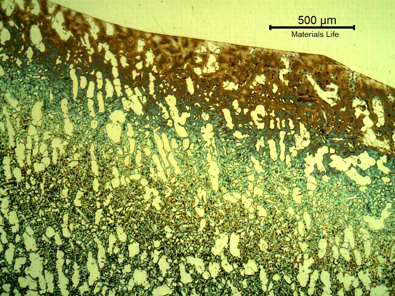 Low magnification micrography of the valve at the welded joint of the body to the insert (fillet weld). The cracking was arrested at the position of this welded joint because the structures of the weld metal, insert and heat affected zones are tough (austenitic in the weld metal and insert, and free from sigma in the HAZ) .