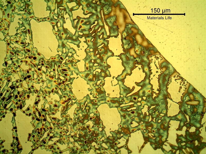 Micrography of the valve at the welded joint of the body to the insert (fillet weld). The cracking was arrested at the position of this welded joint because the structures of the weld metal, insert and heat affected zones are tough (austenitic in the weld metal and insert, and free from sigma in the HAZ) .