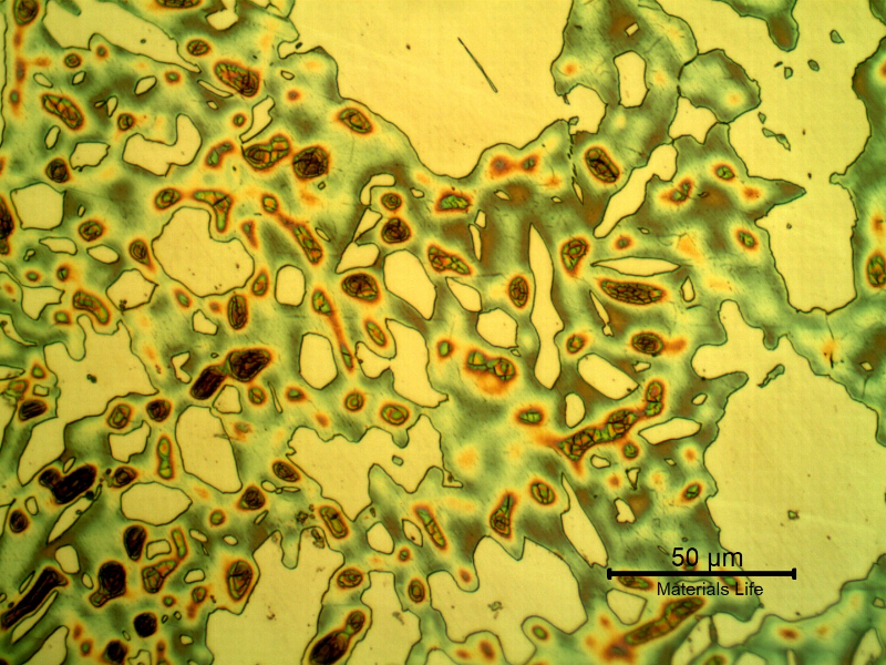 Micrographic detail of the heat affected zone of the valve to the insert joint showing that the sigma phase was removed, which means that the base metal was degradated and during welding the thermal cycle created a condition to dissolve the sigma phase.