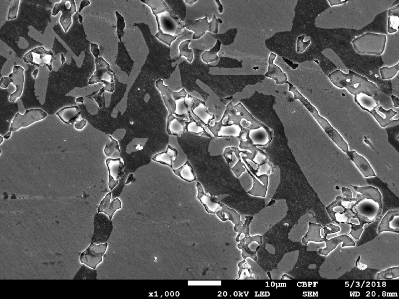 Micrographic details by scaning electron microscopy.  The structure is ferritic austenitic, with a large amount of detrimental phases associated to the ferritic structure, probably sigma phase.