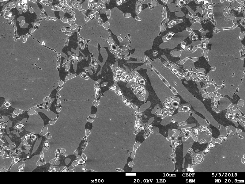 Microstructural analysis of the valve body structure, close to the position where the cracking has occurred.  The structure is ferritic austenitic, with a large amount of detrimental phases associated to the ferritic structure, probably sigma phase.