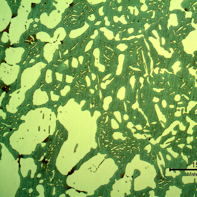 Micrographic detail of the valve body structure, far from the position where the cracking has occurred, in the bottom of the body.  The structure is ferritic austenitic, with some sigma phase, not in a large amount, indicating the valve structure was not uniform.