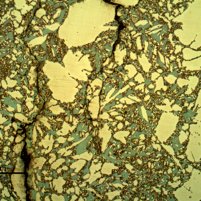 Micrographic details of the cracking.  It is brittle, transgranular and associated to the ferritic/sigma phase interfaces.