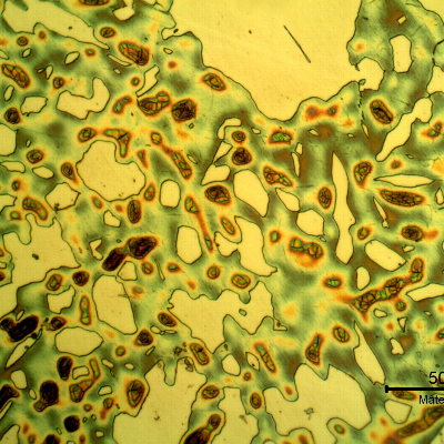 Micrographic detail of the heat affected zone of the valve to the insert joint showing that the sigma phase was removed, which means that the base metal was degradated and during welding the thermal cycle created a condition to dissolve the sigma phase.