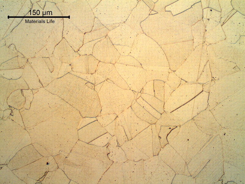 Optical micrography of the transverse section of the drill collar, in the center of the thickness, presenting an uniform, granular, fully austenitic microstructure.