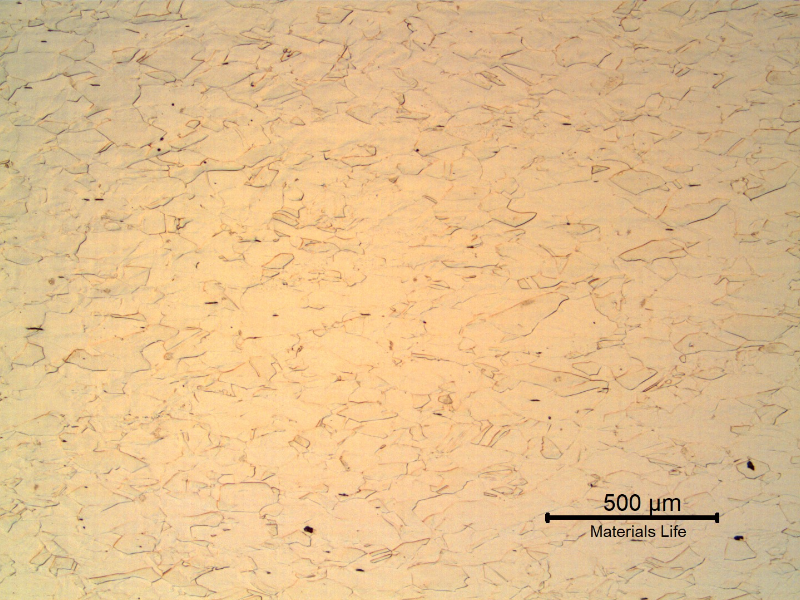 Optical micrography of the longitudinal section of the drill collar, in the center of the thickness, presenting slightly elongated grains of fully austenitic microstructure, cold worked.  The material presented 38HRc hardness.