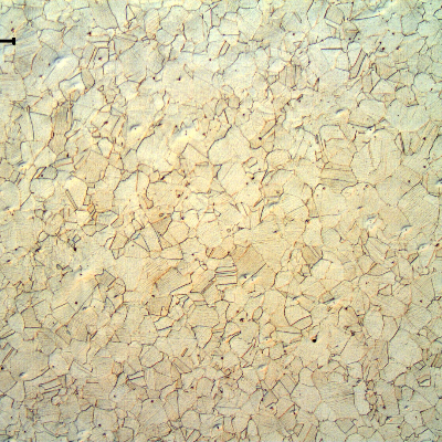 Optical micrography of the transverse section of the drill collar, in the center of the thickness, presenting an uniform, granular, fully austenitic microstructure.