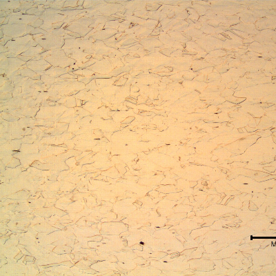 Optical micrography of the longitudinal section of the drill collar, in the center of the thickness, presenting slightly elongated grains of fully austenitic microstructure, cold worked.  The material presented 38HRc hardness.