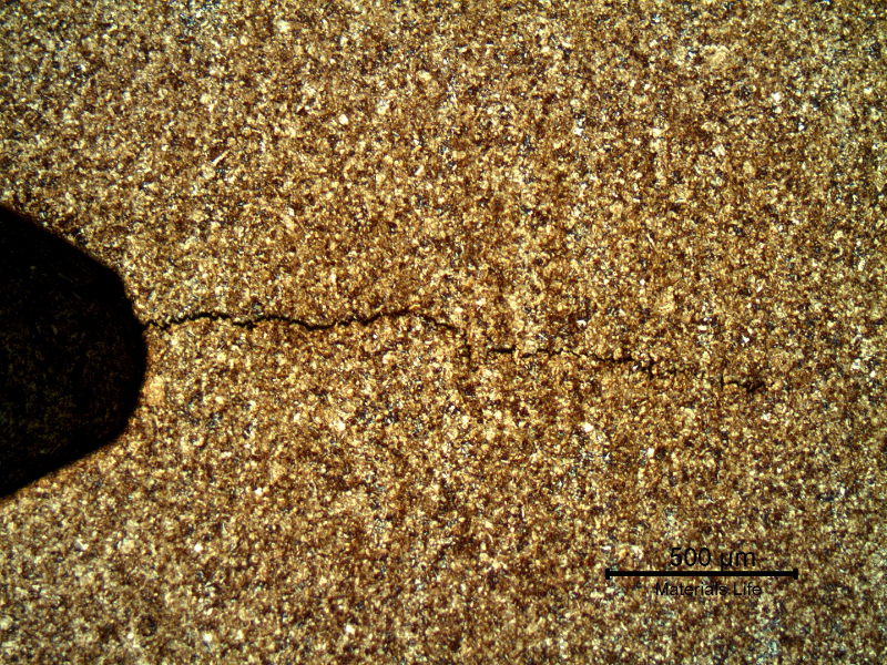 Low magnification micrography of another thread fillet, presenting secondary cracks from the bottom of the thread, not yet opened.