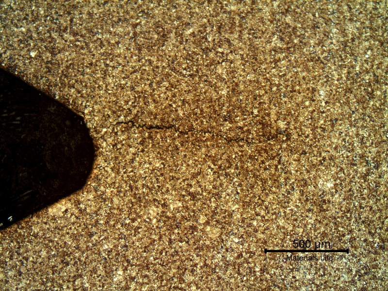Low magnification micrography of the bottom of the thread fillet, presenting secondary cracks, not yet opened.