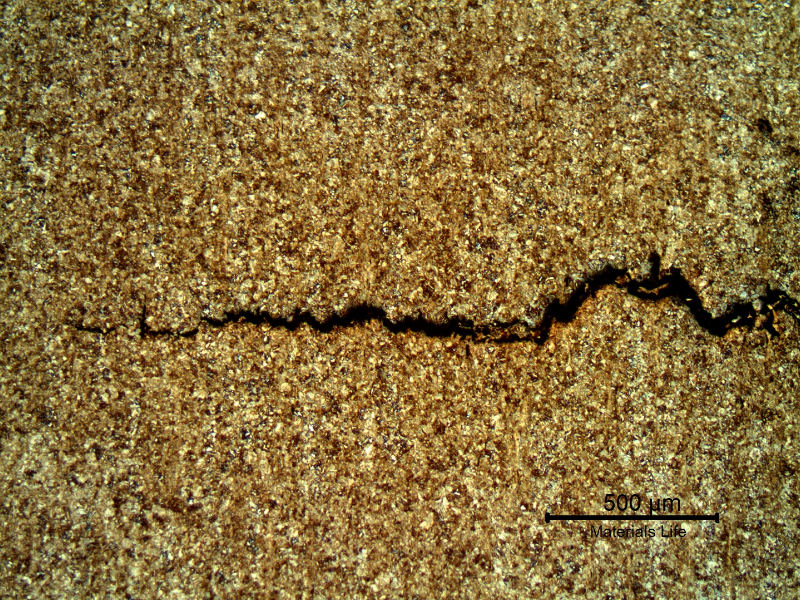 Low magnification micrography showing how the large secondary crack propagated in the thickness of the stud, with a branching aspect, different than the propagation close to the bottom of the thread fillet.