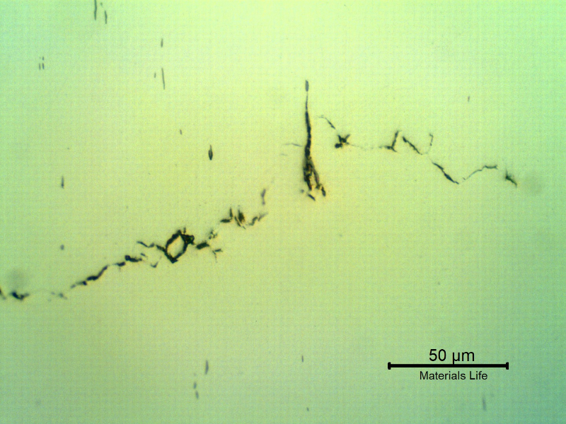 As polished micrography of the longitudinal section of the stud at the cracking transverse to the axis. It looks like inclusions/possible banding regions are contributing for the cracking.