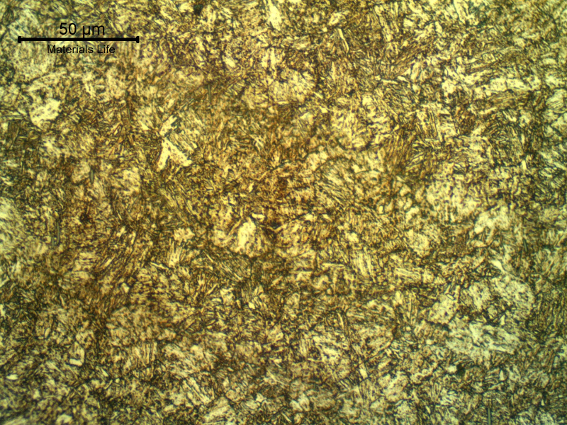 Micrographic detail of the martensitic structure of the stud in the longitudinal section, out of a region of segregation, where the microstructure appears more uniform and the microhardness is about 370HV (50g).