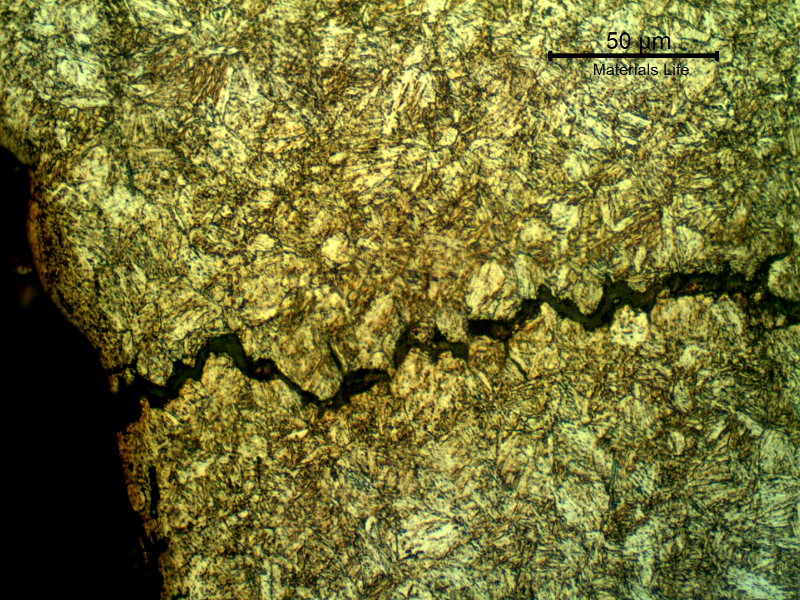Micrographic detail of the bottom of the thread fillet, presenting secondary cracks of intergranular morphology.