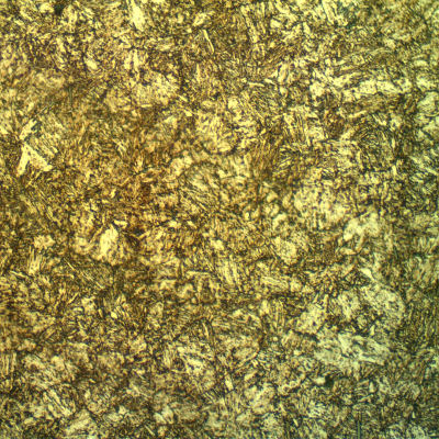 Micrographic detail of the martensitic structure of the stud in the longitudinal section, out of a region of segregation, where the microstructure appears more uniform and the microhardness is about 370HV (50g).
