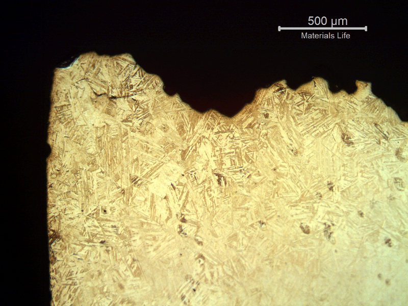 Micrography of a section transverse to the fracture, in the starting point, showing the intergranular morphology of the fracture surface.