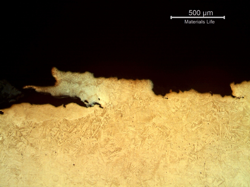 Micrography of a section transverse to the fracture, in fracture propagation, showing the transgranular morphology of the fracture surface.