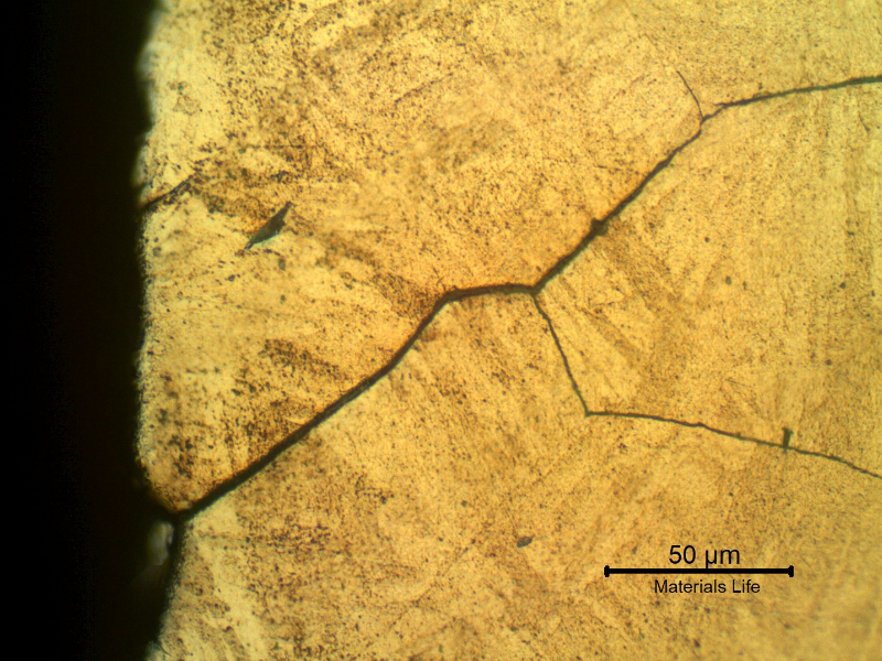 Micrographic detail of a longitudinal section of the spring indicating that under the deposits there are intergranular cracks initiating at the spring surface.