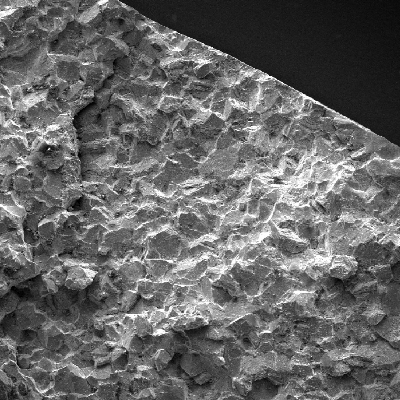 The scanning electron microscopy image presents the fracture surface at the fracture initiation point. The fracture is intergranular.