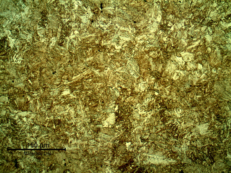 Micrography of the high strenght steel, heat treated, of the casting device. The microstructure is bainitic martensitic.