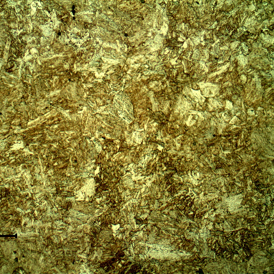 Micrography of the high strenght steel, heat treated, of the casting device. The microstructure is bainitic martensitic.