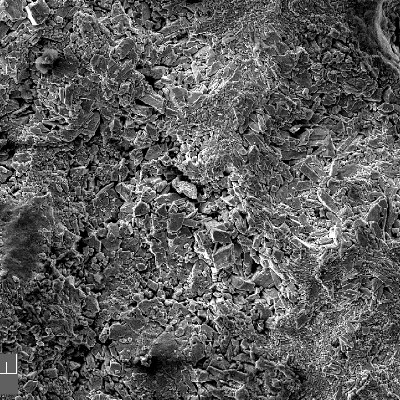 Scanning electron fractography (originally 500x), showing zinc deposits at the fracture surface.