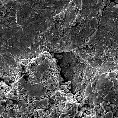 Scanning electron fractography (originally 1000x), showing details of the zinc deposits at the fracture surface.