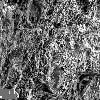 Fractographic image of the final fracture (originally 500x), presenting a ductile micromechanism by dimples.
The part was embrittled by the presence of zinc in the grain boundaries and the final fracture occurred by ductile overloading, showing that the material properties were fine out of the embrittled regions.