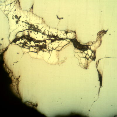 Micrographic detail of the branch cracking parallel to the fracture, as polished, showing that the cracks are filled with zinc.
