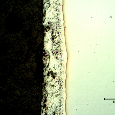Micrography of the casting at the surface, presenting a zinc layer deposited in a hot dip process.  The thickness of the layer is about 0.3mm in this position, that is higher than expected for this process. The steel substrate is not revealed because the etch was light and the zinc layer protects the low aloy steel during the etch.