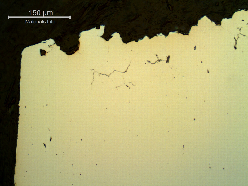 Micrography of a longitudinal section of the bolt, in a position close to the fracture (top) and bolt surface (left ), presenting several secondary intergranular cracks.