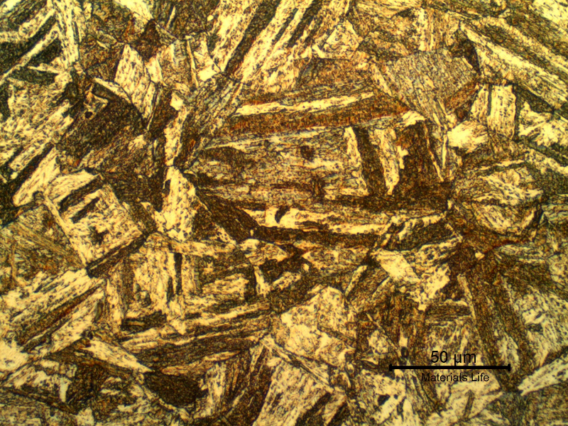 Micrographic detail of the aged martensitic structure. The bolt presented variations in the previous austenite grain boundaries from the center of the thickness to the surface. No delta ferrite or retained austenite islands are evidenced.