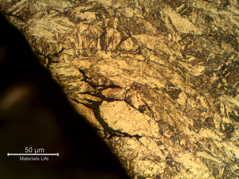 Micrographic detail of the intergranular cracks in the transition between the threaded body and the head of the non broken bolt, indicating that this bolt was also embrittled and could fail soon.
