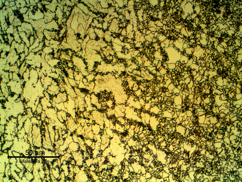Micrographic detail of the microstructure close to the corroded area showing the heat affected zone of the autogenous weld, with a refined grain size. The hardness level here is 202HV average, compared to the base metal that is 180HV average.
