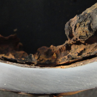 Detail of the transverse section of the 4" pipe 180° from the seam weld.  The thickness of the pipe is 8 mm.  No evidences of general corrosion or pitting were identified.