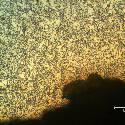 Micrographic detail of the microstructure at the margin of the corroded area showing the heat affected zone of the autogenous weld, with a refined grain size.