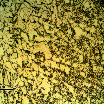 Micrographic detail of the microstructure close to the corroded area showing the heat affected zone of the autogenous weld, with a refined grain size. The hardness level here is 202HV average, compared to the base metal that is 180HV average.