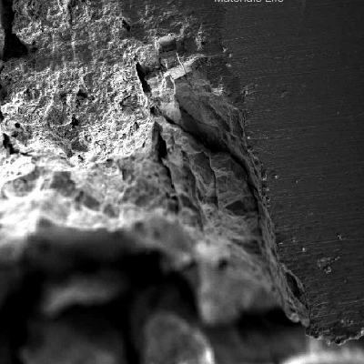 Micrography at the scanning electron microscopy showing the deposits inside the crevice.  The microanalysis by EDS revealed the presence of Fe, O, as well as Cl and S.
