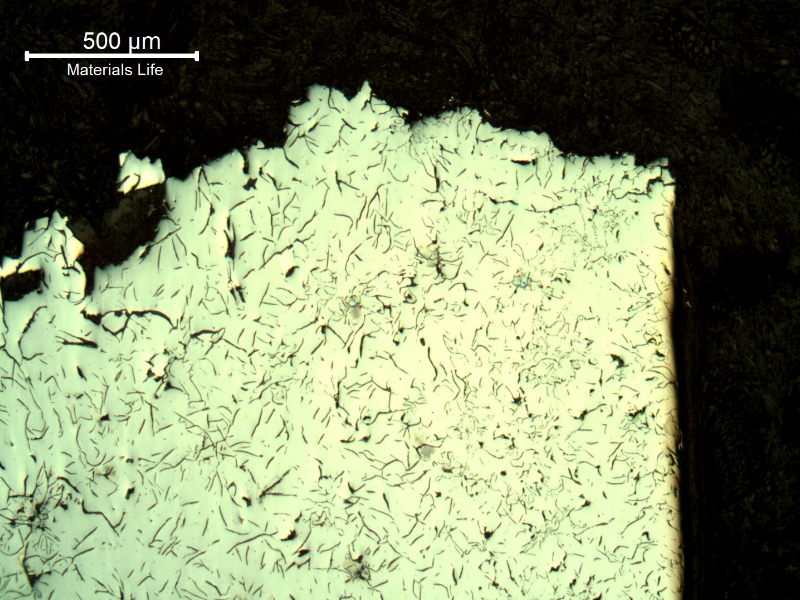 Micrographic aspect, as polished, of the cast cylinder section at the fracture position (top of the figure), close to the external surface (left side).  It is possible to see smaller graphite flakes, interdendritic .
