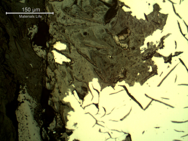 Micrography of the corroded surface of the cast cylinder, with 0.5 mm penetrations, showing that the graphites are interconnected and create a notch morphology, critical for a material that presents 1% ductility.