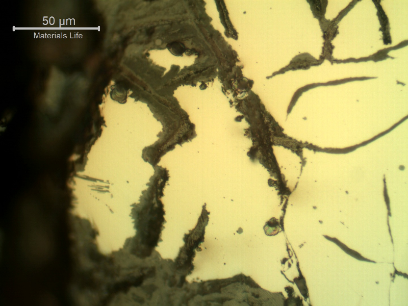 Micrographic detail of the corroded surface of the cast cylinder, with interconnected graphites and a notch effect.