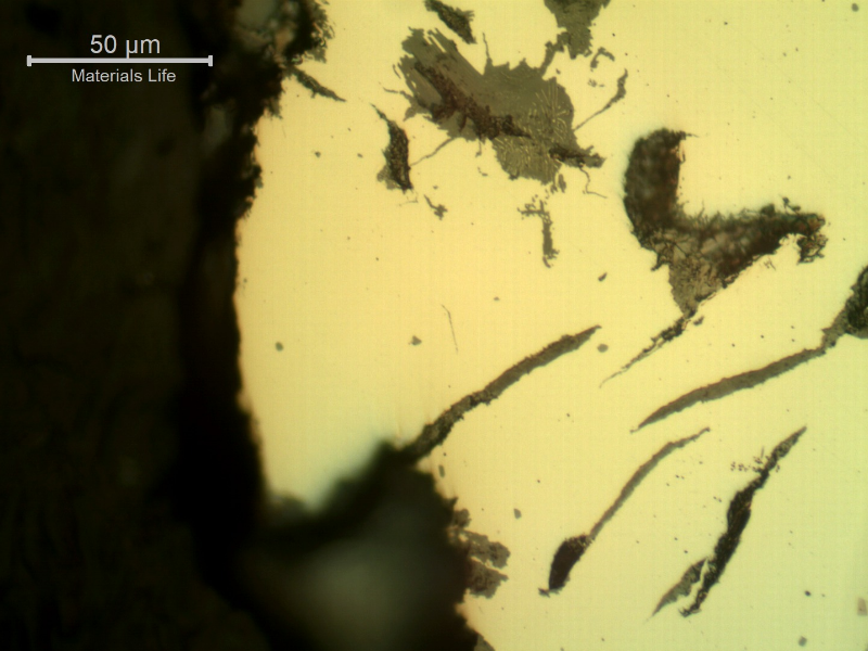 Micrographic detail of the corroded surface of the cast cylinder in contact with treated water, as polished, showing that the corrosion occurs preferentially at the flake to matrix interfaces.