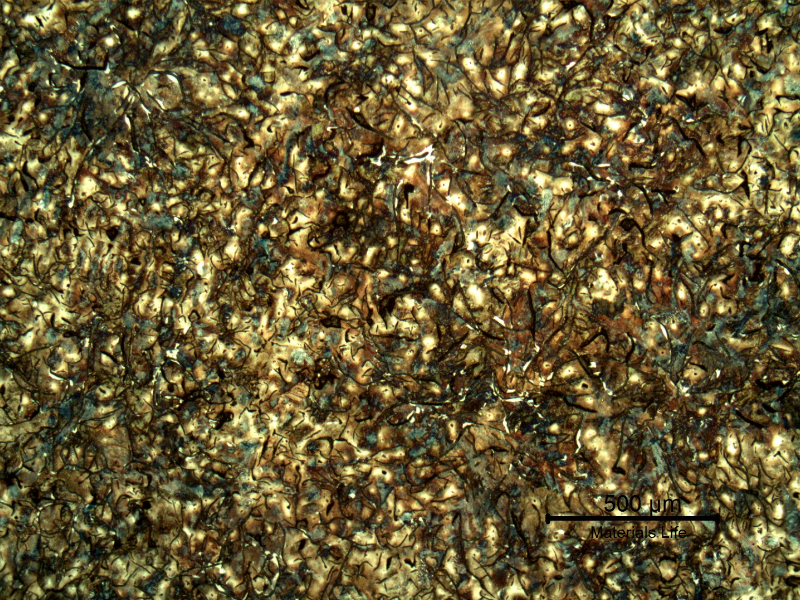 Micrography of the longitudinal section of the cylinder, in the center of the thickness, presenting large graphite flakes in a predominatly perlitic matrix.